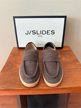 J/SLIDES Womens Brown Suede Penny Loafers with Cream Sole